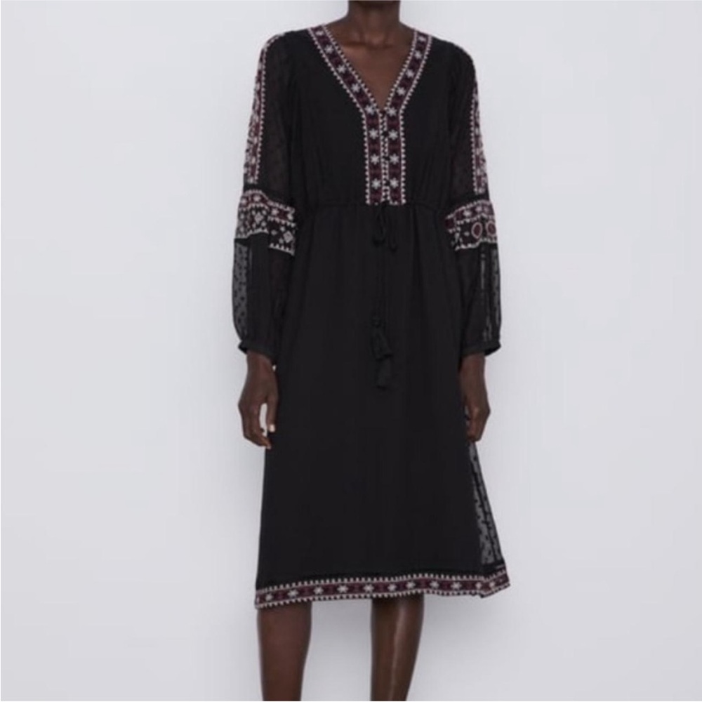 Zara Black Bohemian Dress with Red and White Embroidery